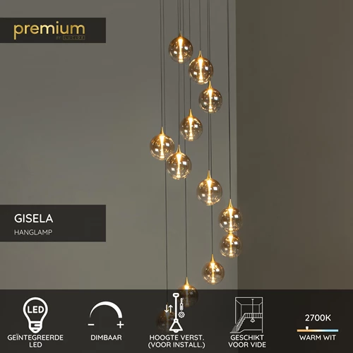 Lucide GISELA - Hanglamp - Ø 61 cm - LED Dimb. - 12x3,5W 2700K - Geschikt voor vide en hoge plafonds - Amber | Premium - USP